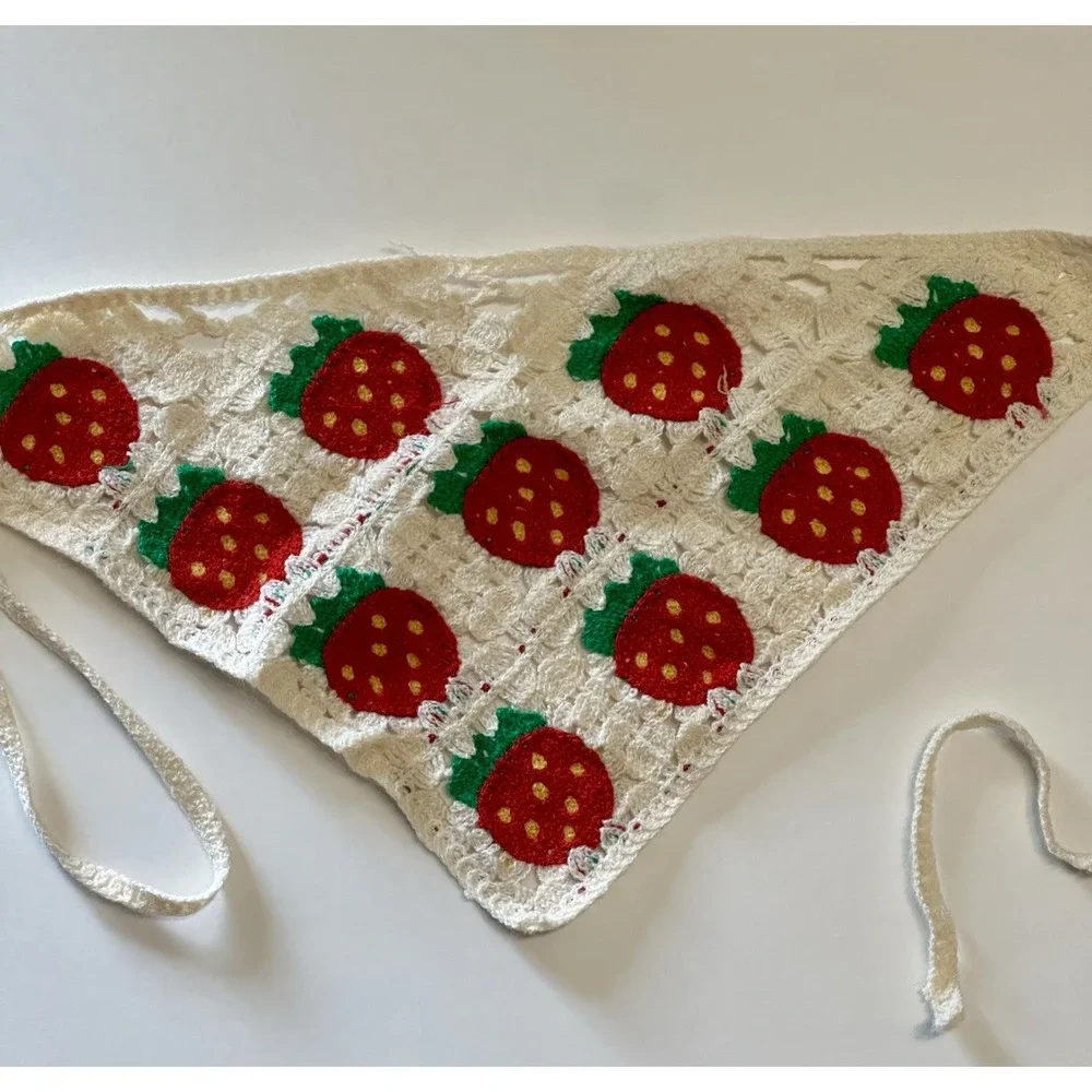 Handmade Crochet Strawberry Bandana Hair Scarf Cottagecore Vintage Head Kerchief